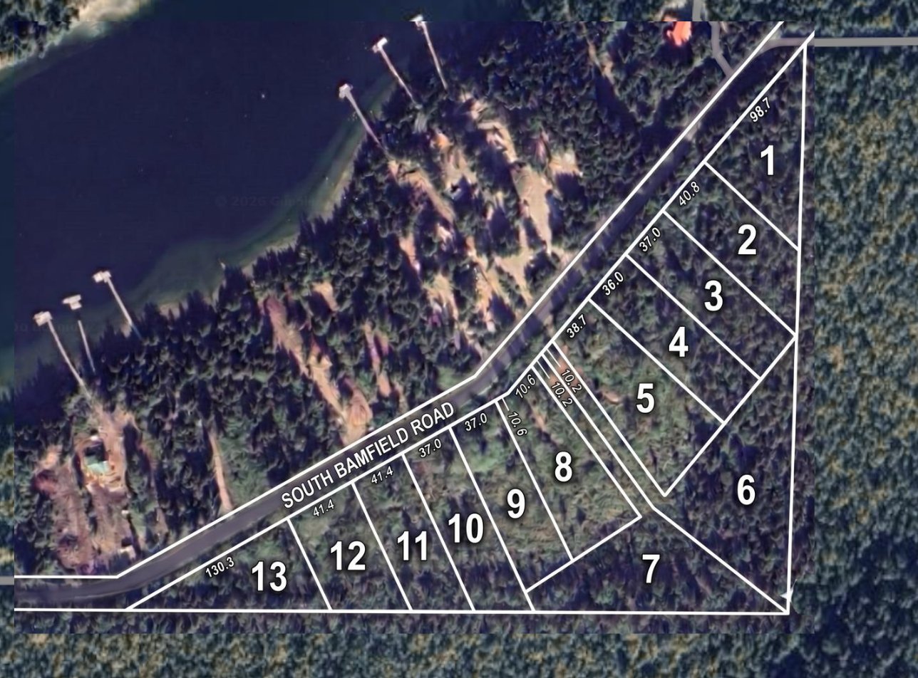 Subdivision site map showing all 13 lots along South Bamfield Road