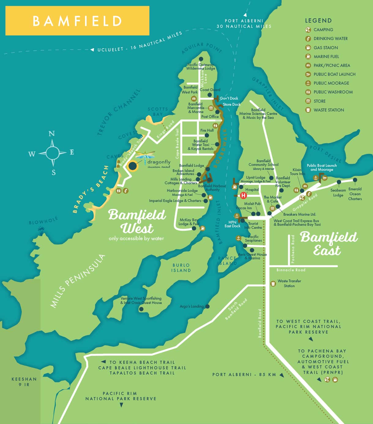 Tourist map of Bamfield showing Bamfield West and Bamfield East villages, Brady's Beach, the Blowhole, the Boardwalk, Bamfield Inlet, Grappler Inlet, the Marine Sciences Centre, Mills Peninsula, and the road to Port Alberni and the Pacific Rim National Park Reserve. A red marker indicates the location of the lots on South Bamfield Road.
